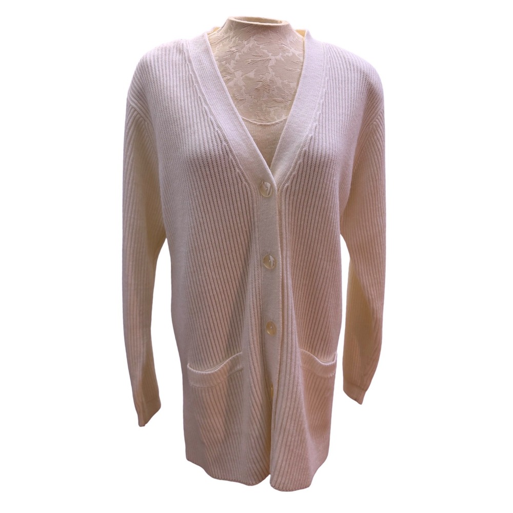 Liz Baker Womens Ribbed Longline Cardigan Sweater Cream White Size Medium